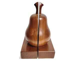 Vintage MCM Mahogany Wood Pear Apple Bookends Teacher Home Decor Library‎